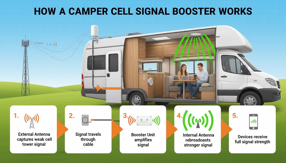 Infographic: How a camper cell signal booster works, showing the process from the external antenna capturing a weak signal to the internal antenna rebroadcasting a strong one for your devices.