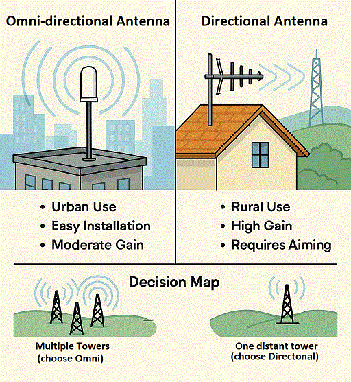 A detailed infographic comparing two types of cell phone signal booster antennas. On the left, an omni-directional antenna for urban use with 360-degree coverage. On the right, a directional Yagi antenna aimed at a single tower for rural use. A decision map at the bottom advises choosing Omni for multiple towers and Directional for one distant tower.