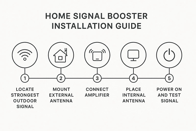 Step-by-step infographic guide on how to install a home cell phone signal booster, showing the connection between an outdoor antenna, amplifier, and indoor antenna.