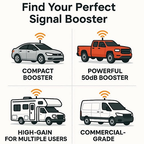 Infographic guide to choosing a cell signal booster for your vehicle: Compact for cars, Powerful 50dB for trucks, High-Gain for RVs, and Commercial-Grade for fleet vans.