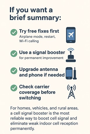 Infographic showing simple steps on how to improve mobile signal strength using free fixes, signal boosters, antenna upgrades, and carrier coverage checks.