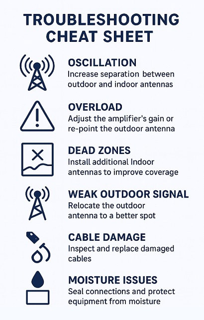 Infographic showing common signal booster problems in metal buildings, including oscillation, overload, dead zones, weak outdoor signal, cable damage, and moisture issues, with simple icons and brief fixes for each issue.