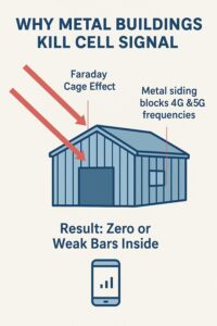 Infographic showing how metal buildings block cell signal due to Faraday Cage effect, metal siding, and Low-E windows, resulting in weak or zero bars inside.