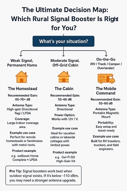Flowchart infographic titled "The Ultimate Decision Map: Which Rural Signal Booster Is Right for You?" helping users choose a cellular amplifier system for weak signal areas. Three decision paths: 1) Homestead with high-gain directional antenna for metal roofs and large coverage. 2) Cabin with moderate gain and 12V power compatibility for off-grid living. 3) Mobile command with portable magnetic antenna for RV and truck use. Includes pro tip on signal strength measurement and antenna upgrades for very weak signals.