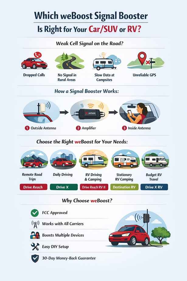 weBoost best signal boosters for car, SUV, and RV. A comparison infographic showing Drive Reach, Drive X, and RV booster options