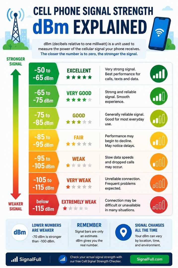 Cell phone signal strength dBm chart showing excellent, good, fair, weak, and very weak signal ranges