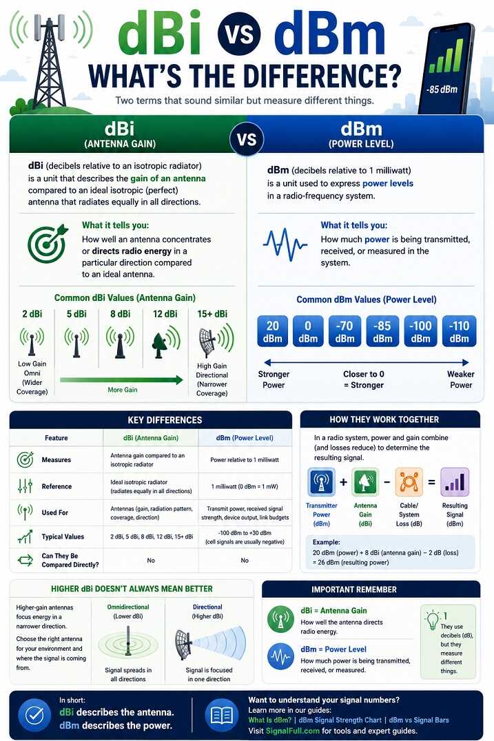 dBi vs dBm comparison showing antenna gain in dBi and signal power in dBm