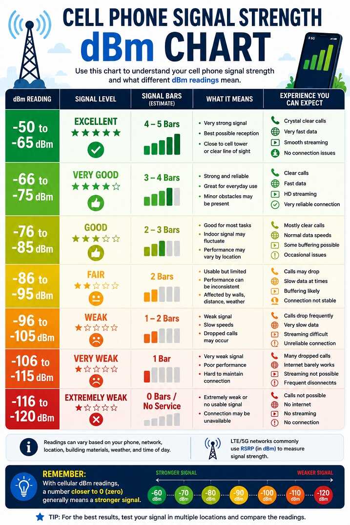 Cell phone signal strength dBm chart showing signal levels from -50 dBm to -120 dBm