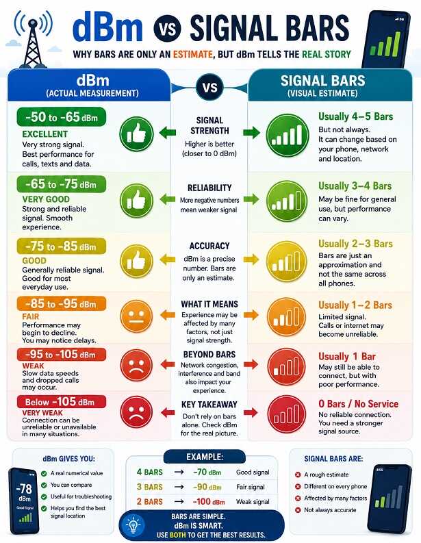 dBm vs signal bars comparison chart showing why dBm provides a more precise measurement of cell phone signal strength than signal bars